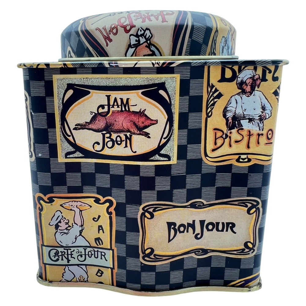 Dept 56 Jam-Bon Tin with Lid Bistro Paris Cafe Chef Bon Jour Trinket Kitchen
